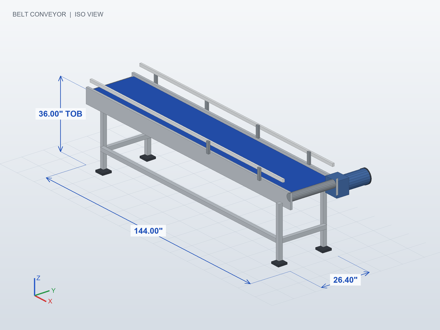 3D model of a belt conveyor with dimensions