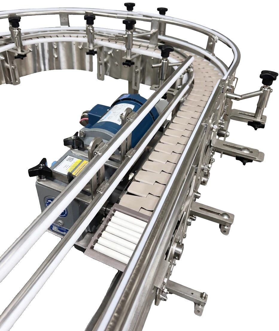 Stainless table top conveyor system with curves, a drive and transfer rollers